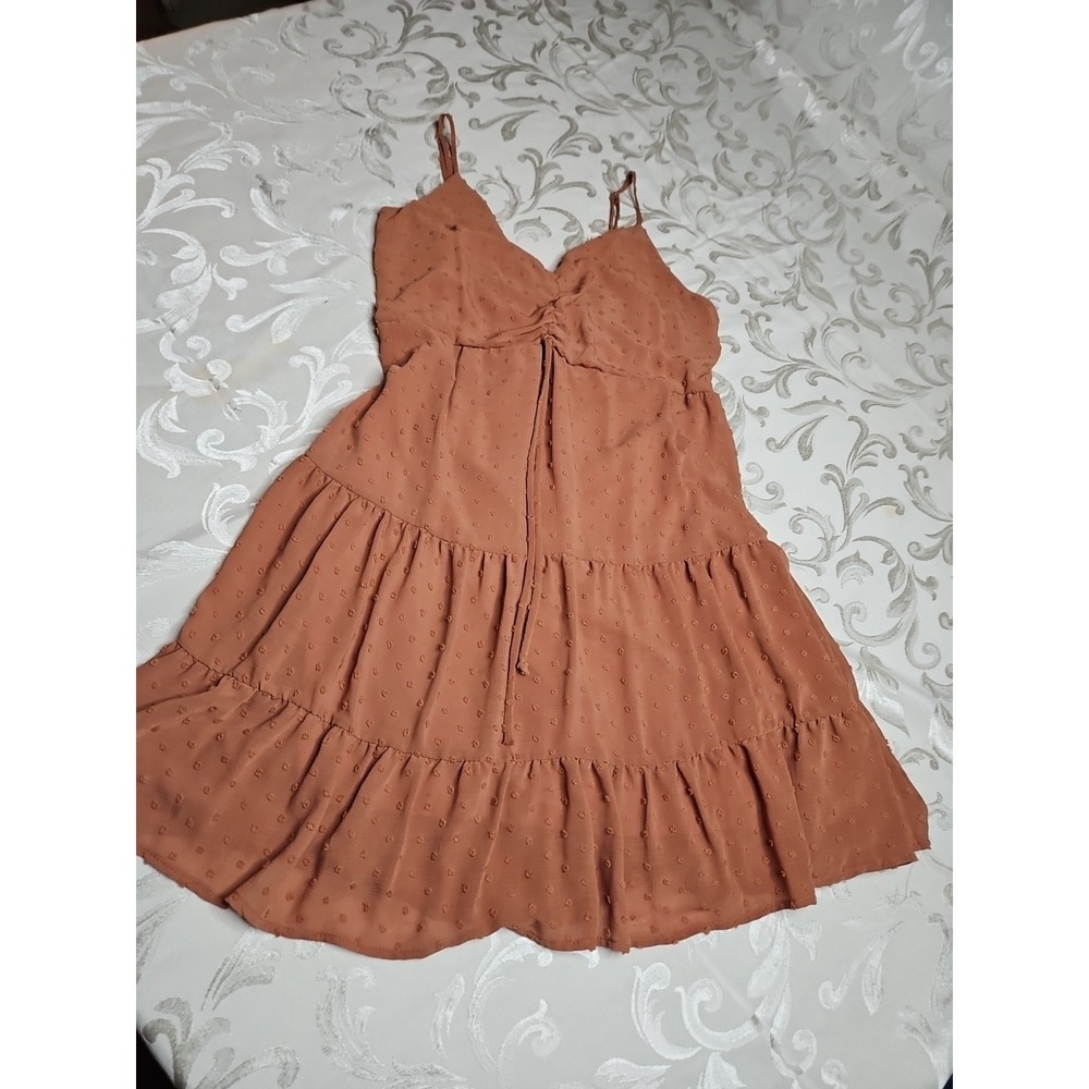 Altar'd State Babydoll Dress Ruffle Tiered Swiss Dot Rose Cinnamon Taupe Boho LG